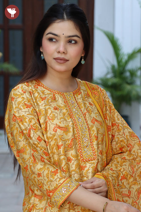 Tussar Cotton Kurta Pant & Dupatta Set in Floral Block Print