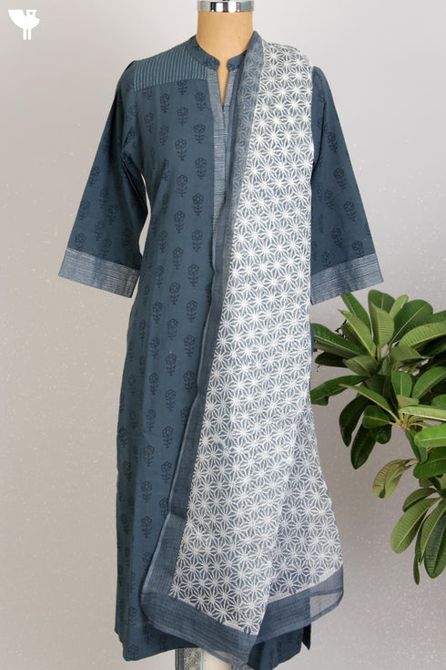 Cambric Cotton Kurta With Kota Doria Dupatta In Graphic Block Print