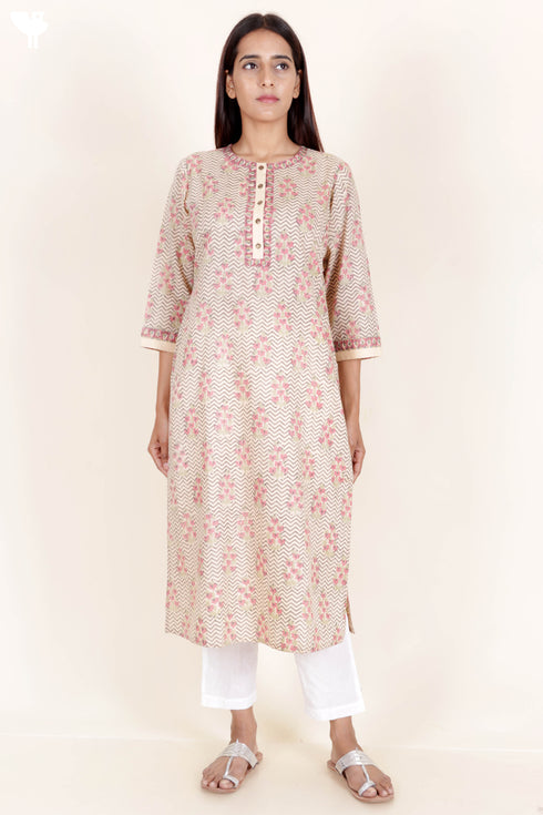 Terry Voile Kurta With Kota Dupatta In Floral Block Print