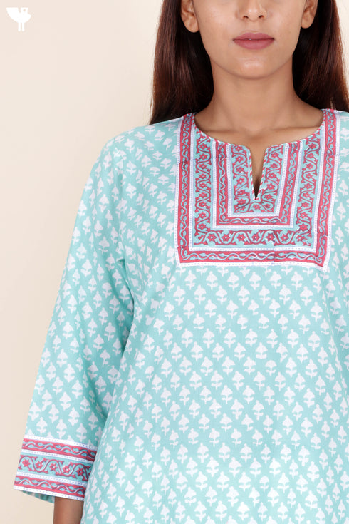 Cambric Cotton Kurta With Kota Dupatta In Floral Block Print