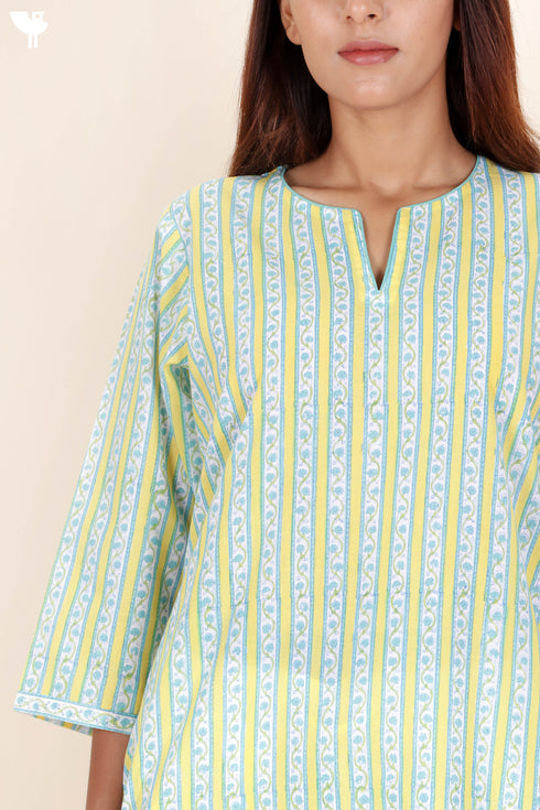 Cambric Cotton Kurta With Kota Dupatta In Floral Block Print