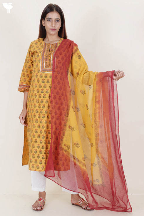 Khaadi Kurta And Kota Doria Dupatta Set With Block Print