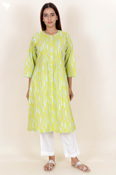 Cambric Cotton Kurta And Kota Doria Dupatta Set In Block Print