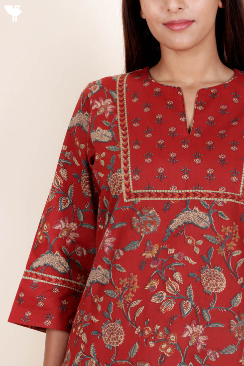 Cambric Cotton Kurta And Mulmul Dupatta With Block Print