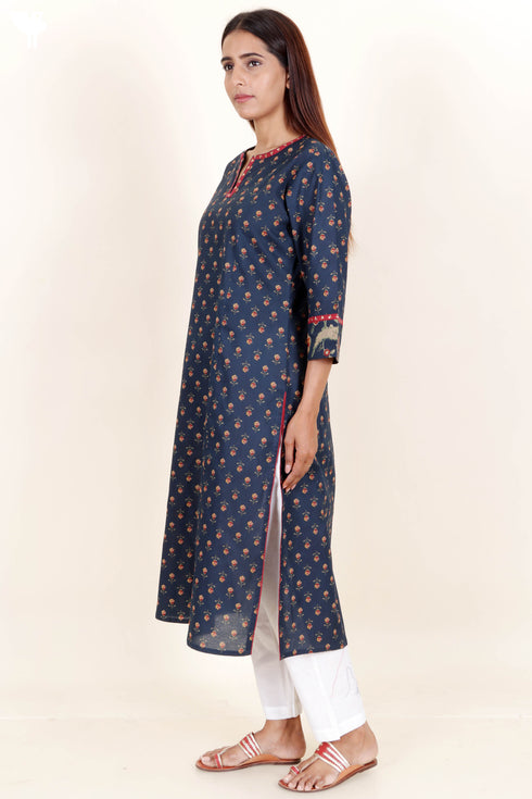Cambric Cotton Kurta And Mulmul Dupatta With Block Print