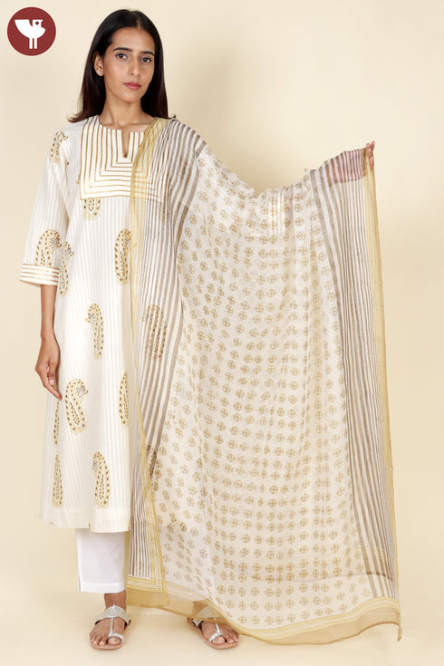 Bengal Cotton Cream Kurta and Dupatta Set In Block Print