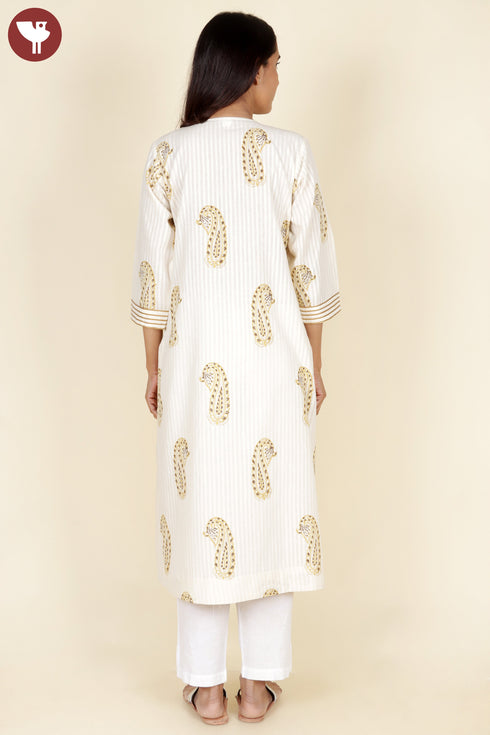 Bengal Cotton Cream Kurta and Dupatta Set In Block Print