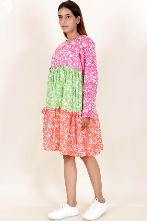 Mulmul Cotton Tiered Dress in Block Print