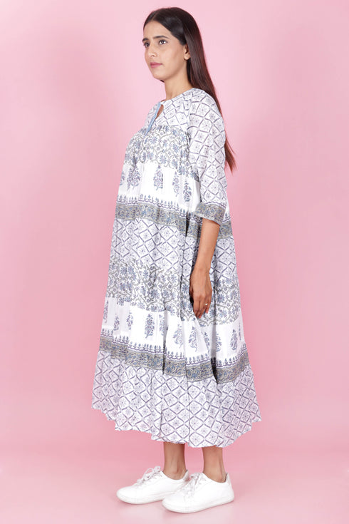 Mulmul Cotton Maxi Gathered Dress With Floral Block Print