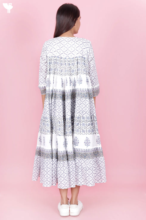 Mulmul Cotton Maxi Gathered Dress With Floral Block Print