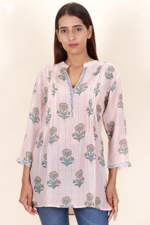 Modal Silk Top In Floral Block Print