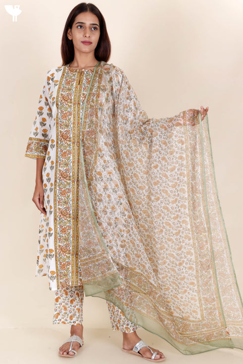 Cambric Cotton Kurta In Floral Block Print