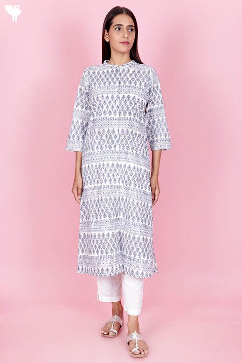 Cambric Cotton Kurta In Floral Block Print