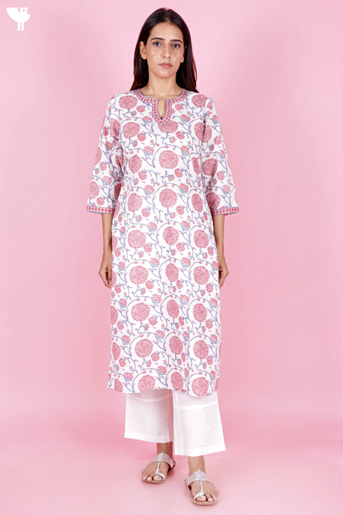 Cambric Kurta In Floral Block Print