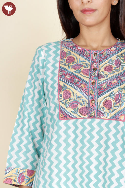 Cambric Cotton Kurta In Zigzag Block Print