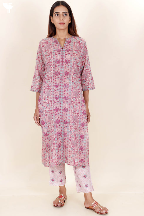 Mulmul Cotton Kurta In Floral Block Print