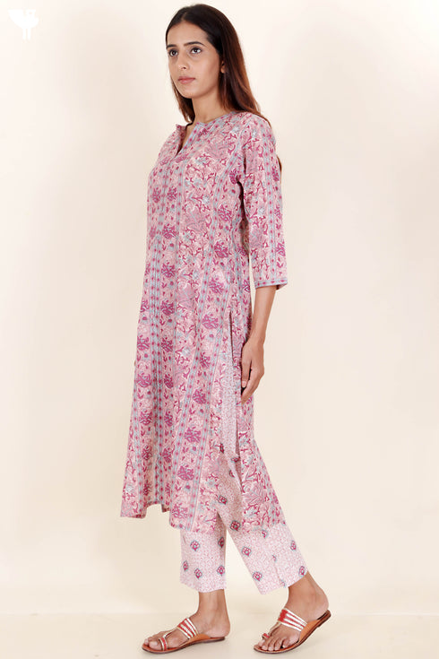 Mulmul Cotton Kurta In Floral Block Print