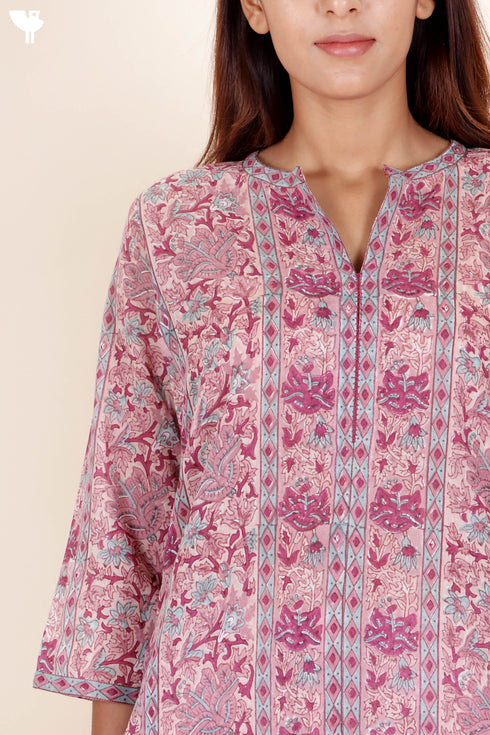 Mulmul Cotton Kurta In Floral Block Print