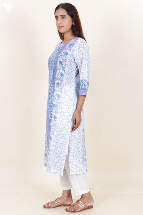 Mulmul Cotton Kurta In Floral Block Print
