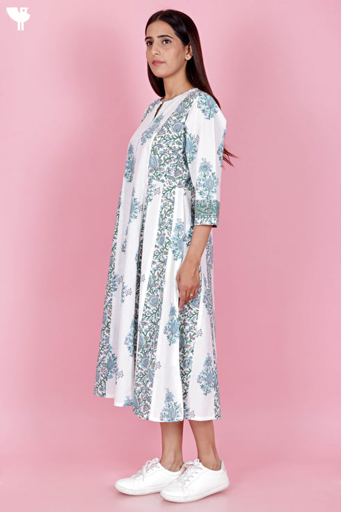 Cambric Cotton Dress In Floral Block Print
