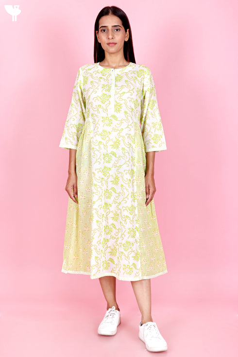 Mulmul Cotton Dress In Floral Block Print
