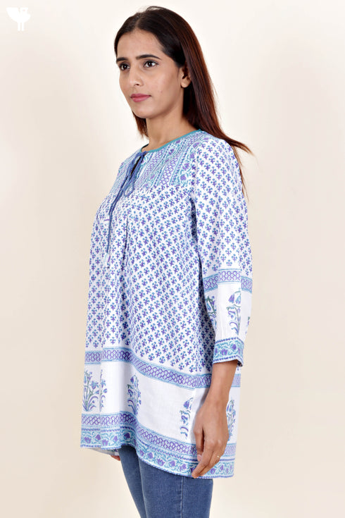 Cambric Cotton Top in Floral Block Print