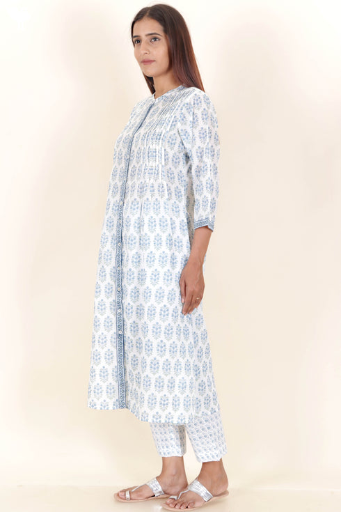 Mulmul Cotton Kurta In Floral Block Print