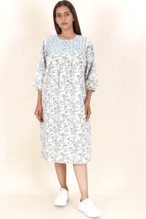 Cambric Cotton Midi Dress With Floral Block Print