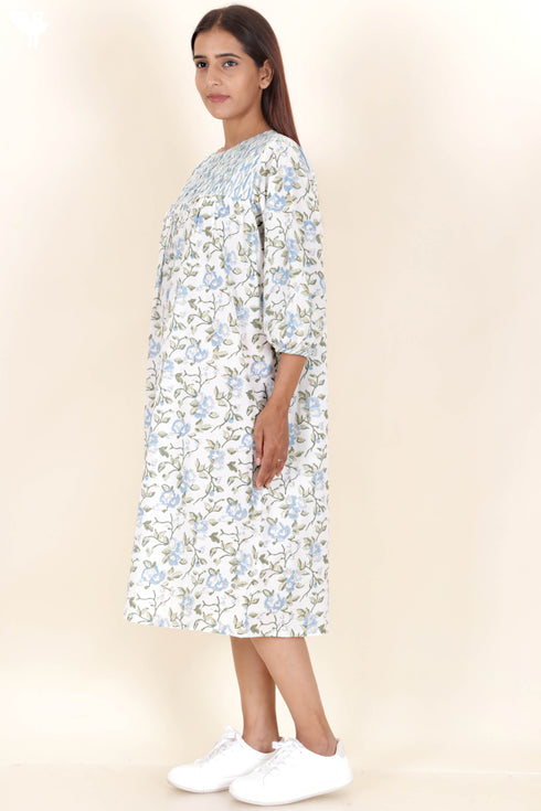 Cambric Cotton Midi Dress With Floral Block Print