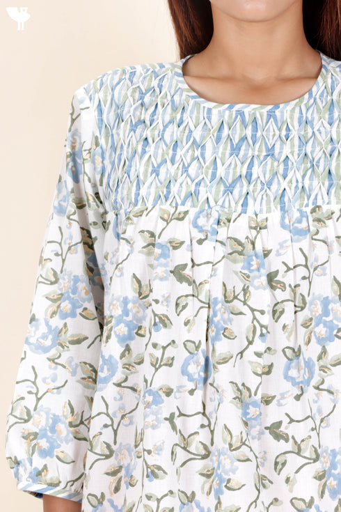 Cambric Cotton Midi Dress With Floral Block Print