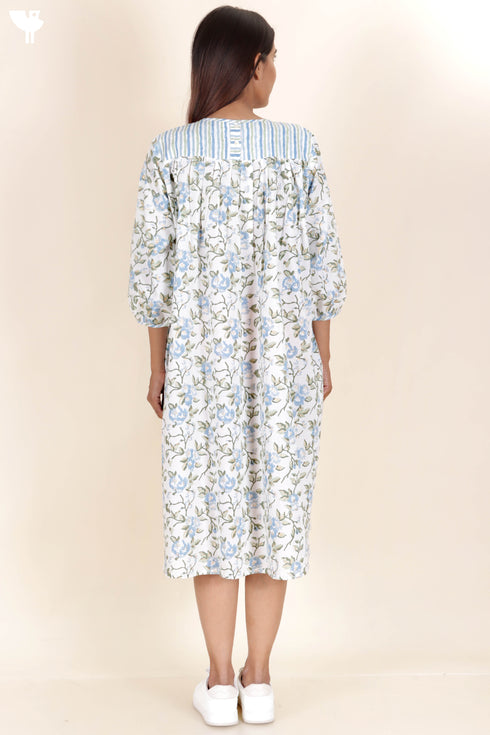 Cambric Cotton Midi Dress With Floral Block Print