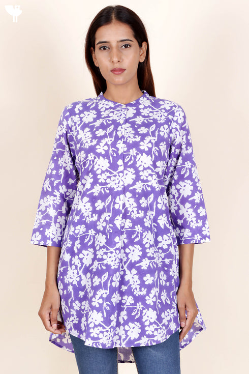 Cambric Cotton Button Down Top In Floral Block Print