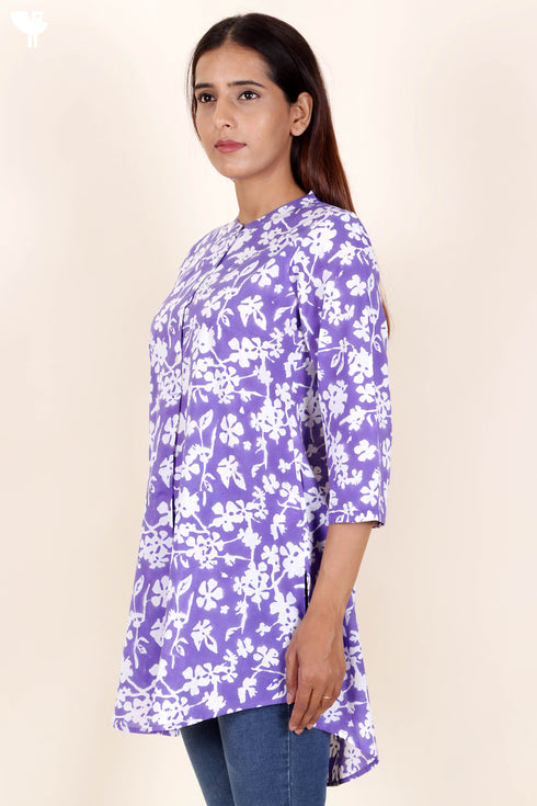 Cambric Cotton Button Down Top In Floral Block Print