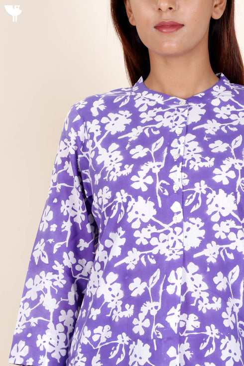 Cambric Cotton Button Down Top In Floral Block Print