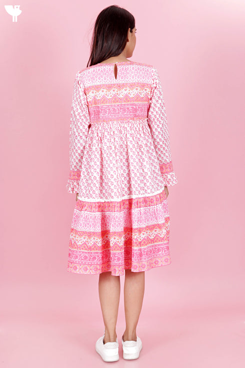 Cambric Cotton Short Tiered Dress In Block Print