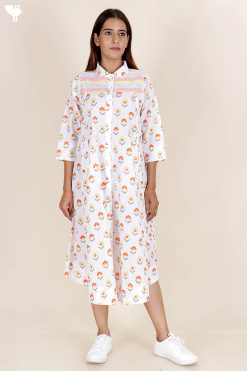Cambric Cotton Dress In Floral Block Print