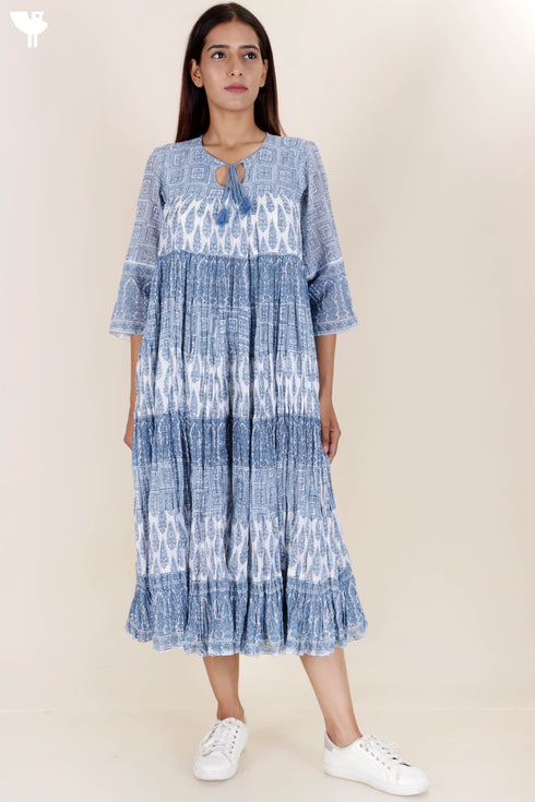 Mulmul Cotton Gathered Dress In Floral Block Print