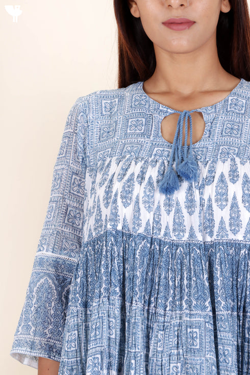Mulmul Cotton Gathered Dress In Floral Block Print