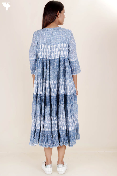 Mulmul Cotton Gathered Dress In Floral Block Print