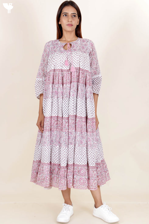 Mulmul Cotton Tiered Dress In Assorted Block Print
