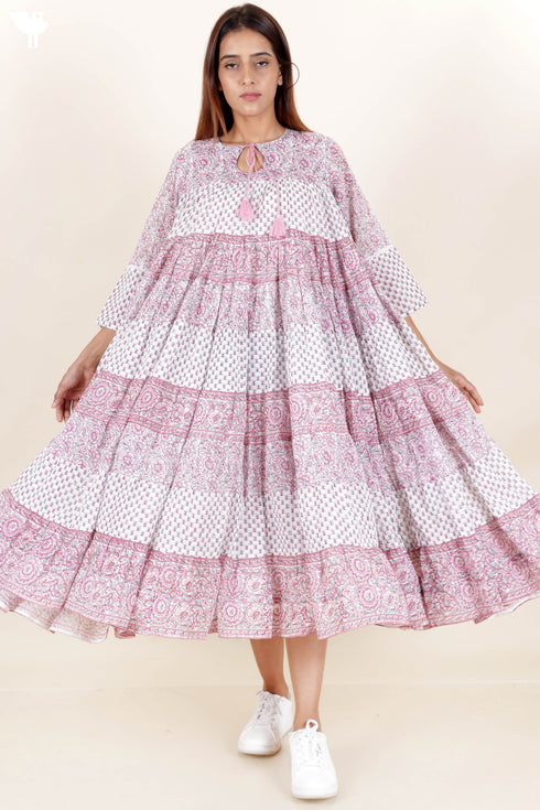 Mulmul Cotton Tiered Dress In Assorted Block Print