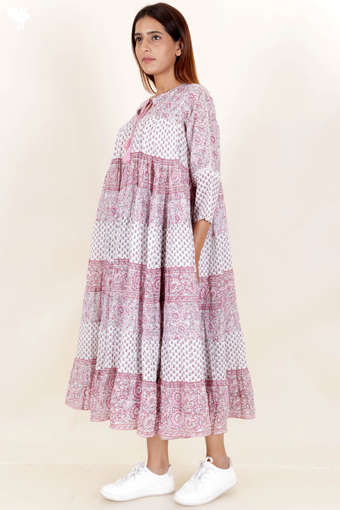 Mulmul Cotton Tiered Dress In Assorted Block Print