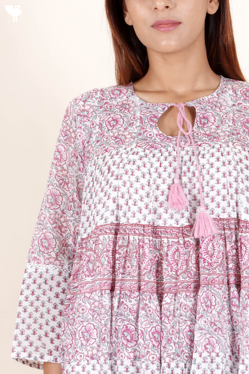 Mulmul Cotton Tiered Dress In Assorted Block Print