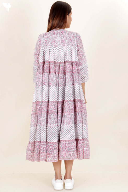 Mulmul Cotton Tiered Dress In Assorted Block Print