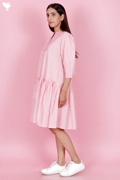 Cambric Cotton Midi Dress In Striped Print