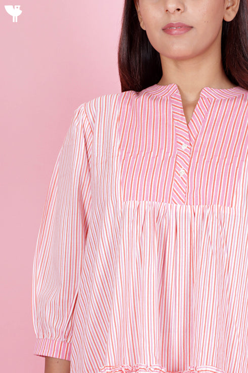 Cambric Cotton Midi Dress In Striped Print