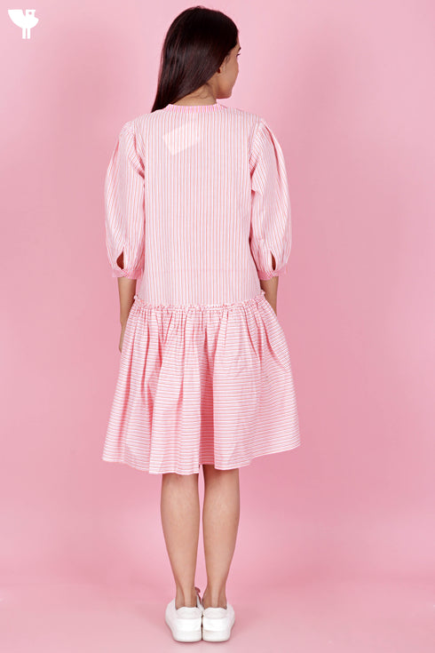 Cambric Cotton Midi Dress In Striped Print