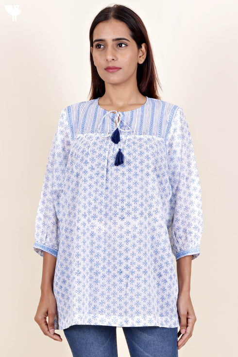 Mulmul Cotton Top In Floral Block Print