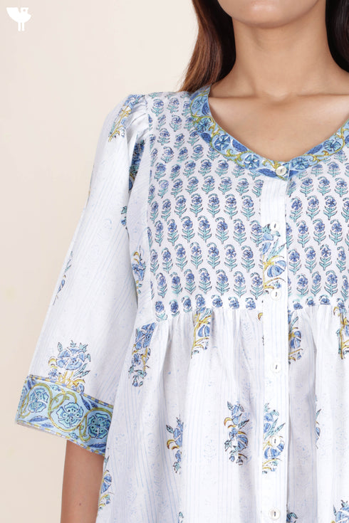 Cambric Cotton Dress In Floral Block Print