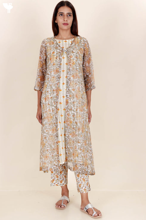 Kota Doria Overlay & Slip Dress In Floral Block Print